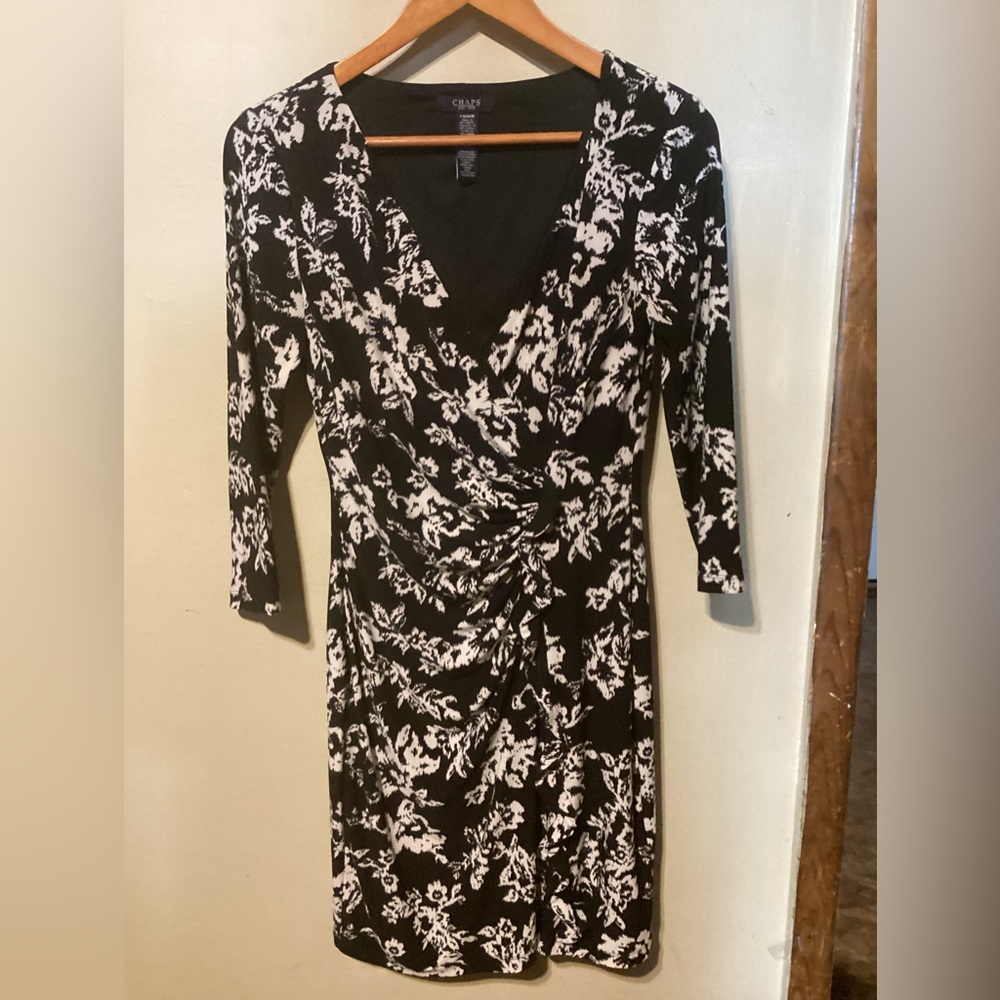 Women’s Petite Chaps Ralph Lauren Stretch Mock Wrap Dress Blk/Wht Print Size PM